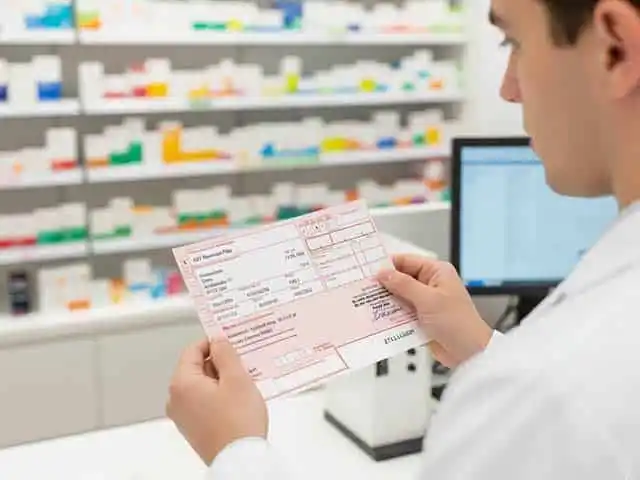 Apotheker hält rosafarbenes Papierrezept vor dem Arzneimittelregal