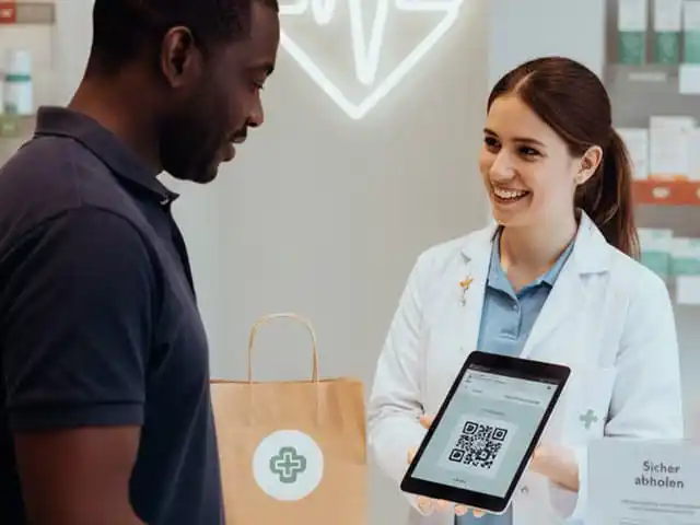 Apothekerin zeigt Kunden einen QR-Code zur Medikamentenabholung per App
