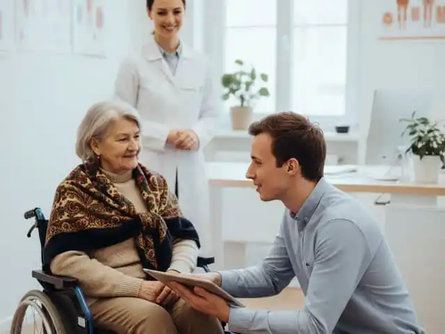 Beratungsgespräch mit älterer Frau im Rollstuhl, begleitet von medizinischem Fachpersonal