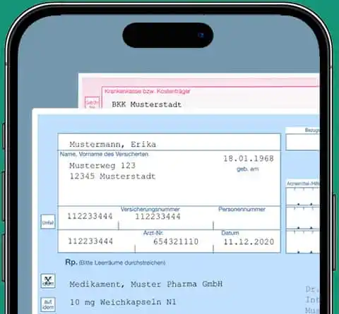 Digitales Rezept auf einem Smartphone mit sichtbar ausgefülltem Musterrezept