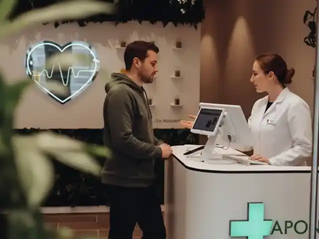 Apothekerin berät Kunden am Tresen in Apotheke Halle